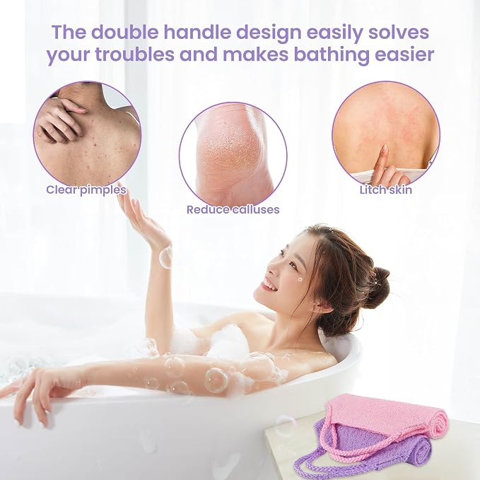 Silkyhose 3Pcs Dual-Sided Exfoliating Stretch Back Scrubber with Handles | Reusable Shower Essential. Deep Skin Cleansing. Textured Design. Soft, Gentle & Durable. 3 Colors: Beige, Pink, Purple.
