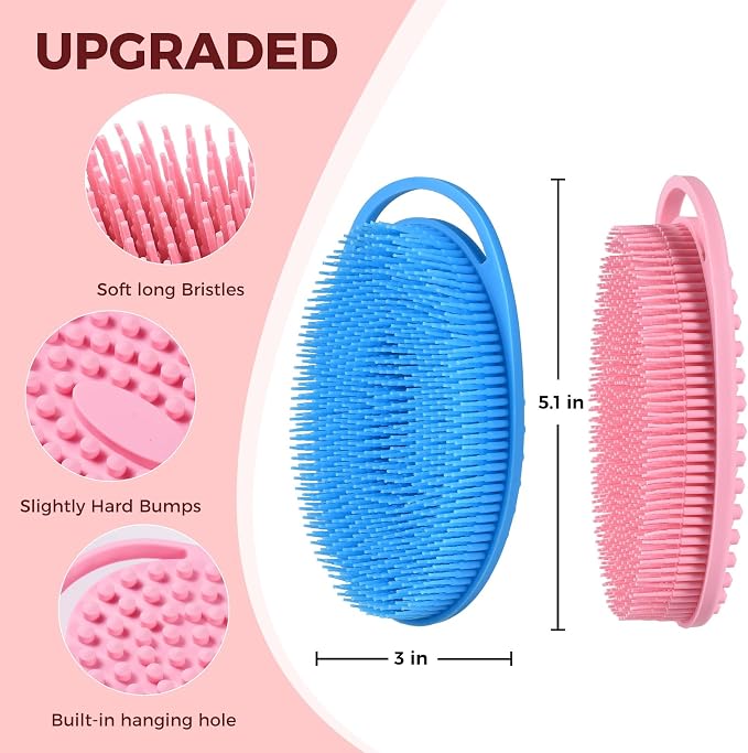2 Pack Silicone Body Scrubber, Exfoliating Shower Scrubber for All Skin | 2 in 1 dual-sided design, soft bristles and massage bumps side, fast-drying, non-slip handle, for women and men, Blue+Pink
