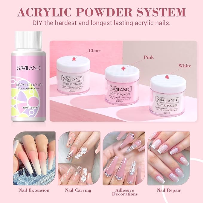 SAVILAND Essentials Acrylic Nail Kit for Beginners: Acrylic Nail Set with Glitter Powder 120ML Monomer Nail Drill Gel Nail Polish Nails Tips Home DIY Salon Use