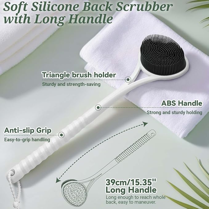 Silicone Back Scrubber & Bath Glove Set, 15.35’’ Soft Back Scrubber with Dual-Side Brush Head, 360° Anti-Slip & Enlarged Exfoliating Body Scrubber for Rich Foaming Deep Cleaning(Black)