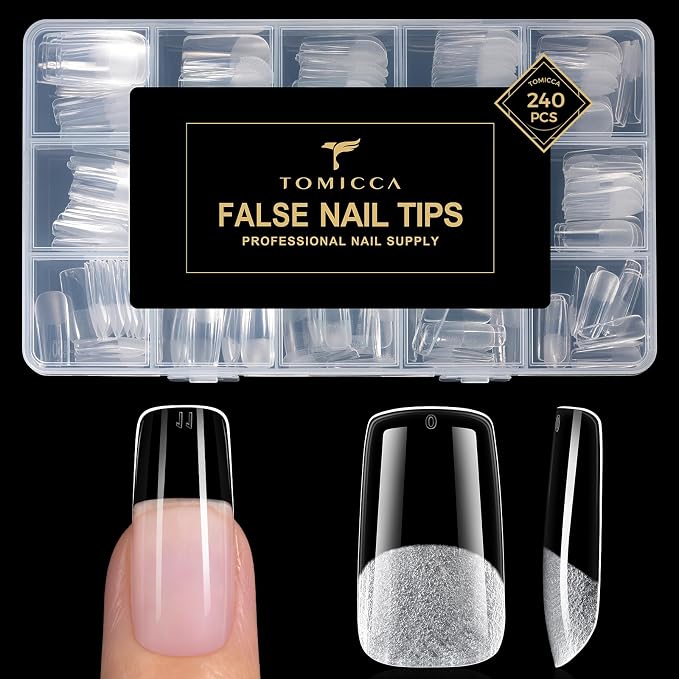 TOMICCA Medium Square Nail Tips 240Pcs 15 Sizes Pre-shaped Nail Extension for Gel Tips, Ultra Matte Acrylic Fake Nails for Beginners and Professionals, Home DIY Nail Salon, Wedding