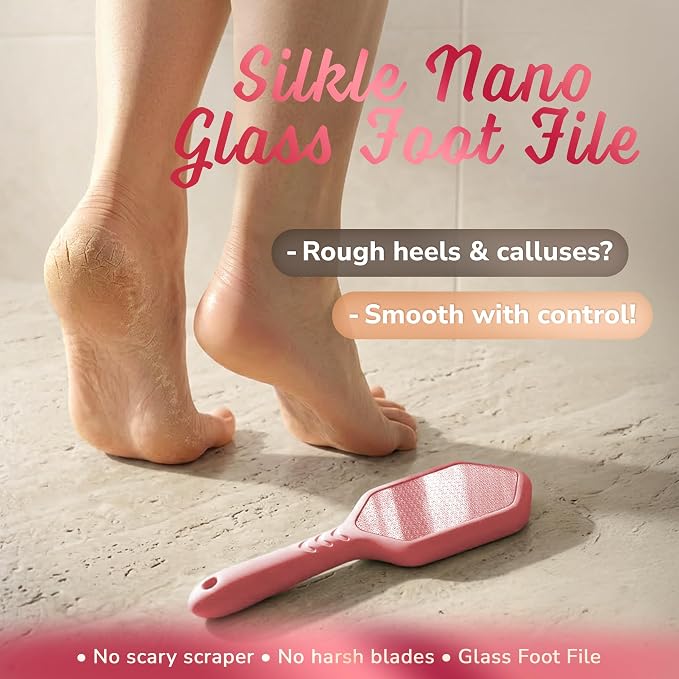SILKLE Nano Glass Foot File - Foot Callus Remover for Feet & Foot Scrubber | Silicone Grip for Non-Slip Control - Foot Scrubber for Dead Skin, Heel Scraper for Cracked Heels & Foot Exfoliator - Pink