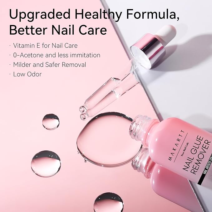Makartt Gentle Press On Nail Glue Remover with Vitamin E, 30 ML Non-Acetone | Hema Free & TPO Free, Easy Removal For Regular / Semi / Solid Glue, Includes 1 Dropper 4 Cuticle Sticks, Not for Gel Polish