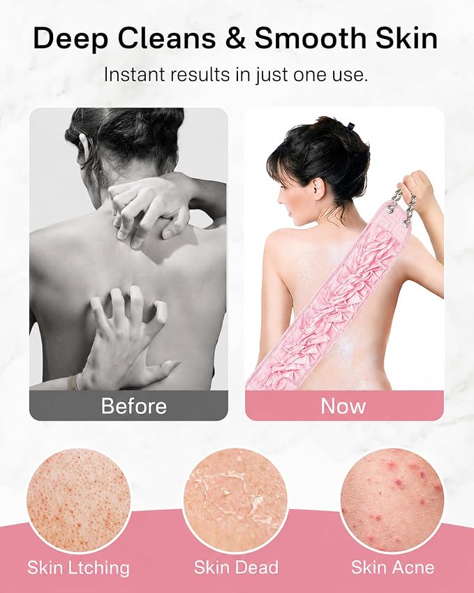 Yiclick Back Scrubber for Shower, Exfoliating Washcloth Towel with Handle, Body Scrubber Exfoliator, Bath Sponge Loofah Luffa, Back Washer Wash Cloth for Men Women, Korean Exfoliate Body Scrub
