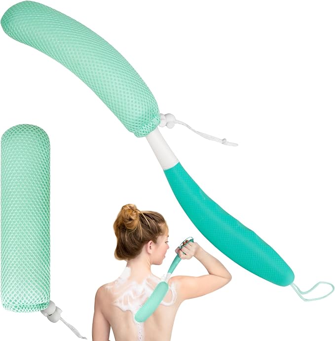 Back Scrubber for Shower,15.35" Long Handle Shower Brush for Body | Back Brush for Shower for Men Women, Long Handled Bath Sponge for Deep Clean,Exfoliating,Anti-Slip Curve Handled