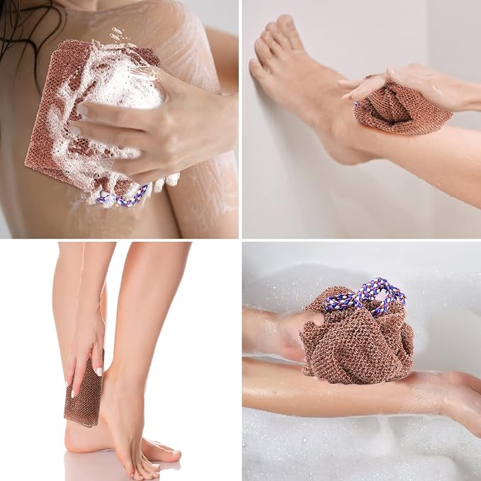 3 Pieces African Net Sponge, African Exfoliating Bathing Back Scrubbers with Handles, Shower Net Body Scrubber Skin Smoother (Blue Purple Coffee) | Exfoliating Body Scrubber for Shower, Back Scrubber Washcloth