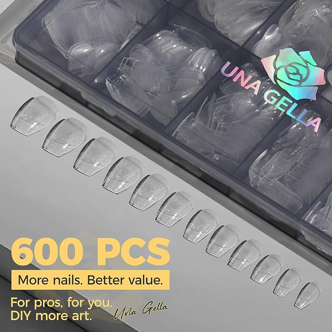 UNA GELLA 600Pcs Short Coffin Nail Tips, Short Coffin Press On Nails | Pre Etched 12 Sizes Soft Gel Fake Nails Tips Full Cover for Nail Extension DIY Salon at Home