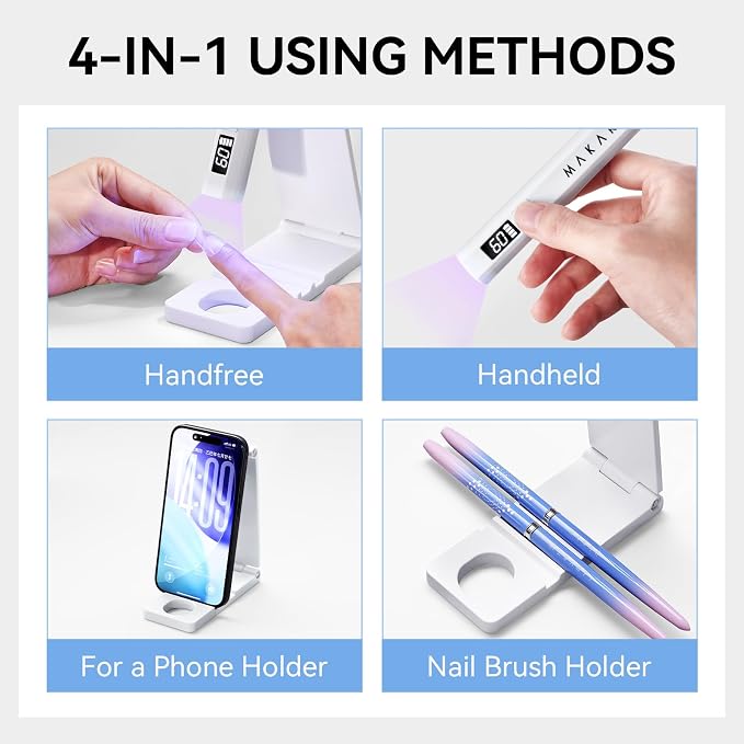 Makartt Handheld UV Nail Lamp Stand with Adjustable Design for Gel-X Tips | Hands-Free UV Light for Gel Nails Fast Curing Nail Tips & Gel Polish Rechargeable with LCD & 2 Timers Home DIY Salon, White