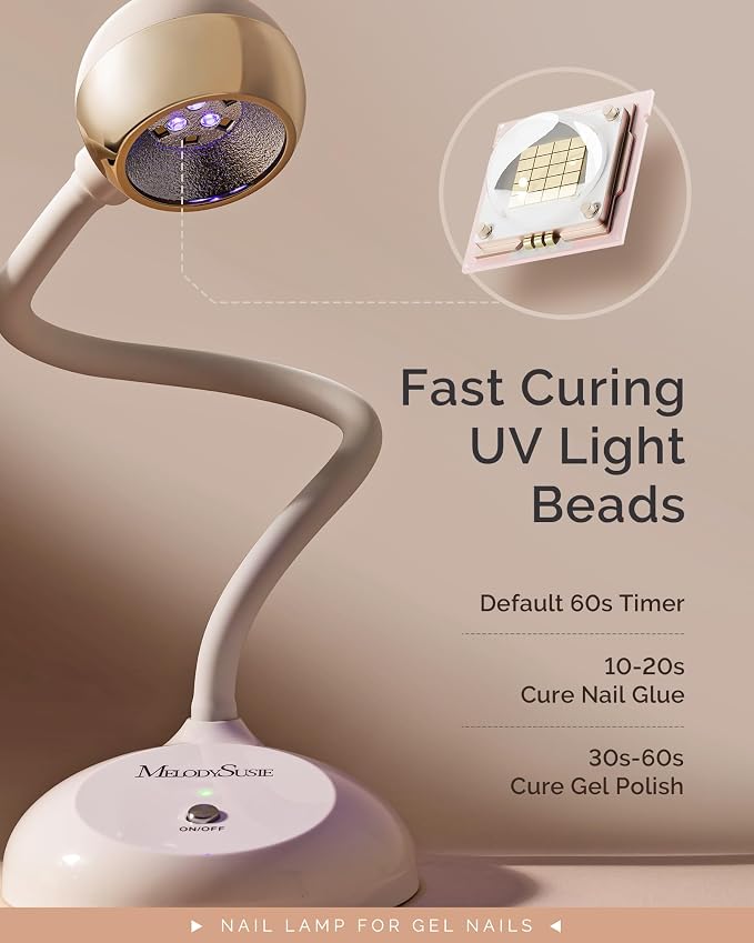 MelodySusie 360° 2-in-1 Gooseneck Nail Lamp S-Pro09M for Detail Work | 60s Timer, 2000mAh Battery, 6h Runtime, One-Touch Control, Rhinestone Glue, False Nail Glue, Cat Eye & Nail Tip