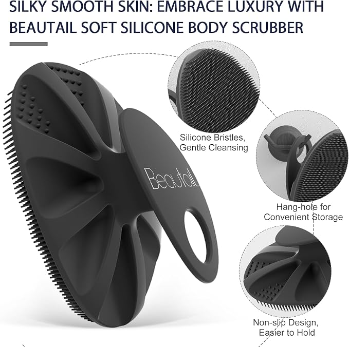 Silicone Body Scrubber, BEAUTAIL Gentle Exfoliating Brush on Sensitive Skin | Soft Shower Scrubber for Body, Hygienic Silicone Loofah, Bathroom Essentials Brush for Women, Men & Kids, 1-Pack, Black