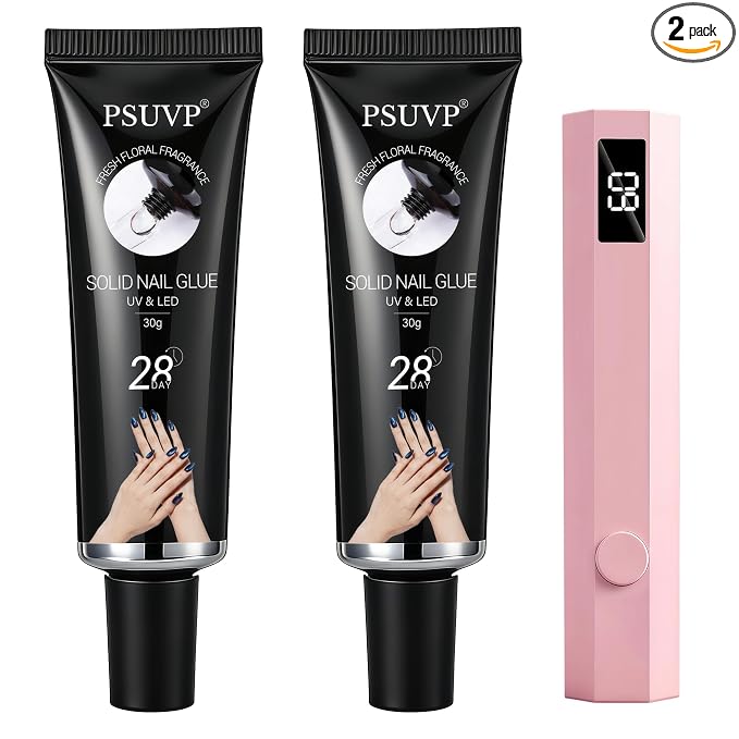 Solid Gel Nail Glue 30+30g w/Mini UV Lamp Acrylic Fake&Press OnNails | Strong, secure after cure, waterproof, long lasting, Mess-free & Easy use, Floral Scent, Safe & Gentle, Salon Quality at Home