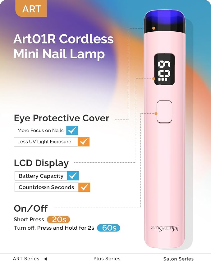 MelodySusie Handheld UV Light for Gel Nails P-ART01R with Stand, Hands-Free | Mini Portable Cordless Nail Lamp with LCD Display, Eye-Protective Cover, Flash Curing Glue, 450mAh Battery