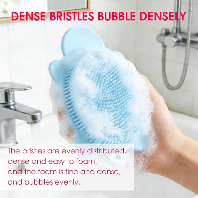 Baby Shower Brush,Kids Silicone Body and Back Exfoliating Mitt - Soft Bristles, Gentle Exfoliation, Cute Turtle Design Makes Children Love Bathing(Wathet)