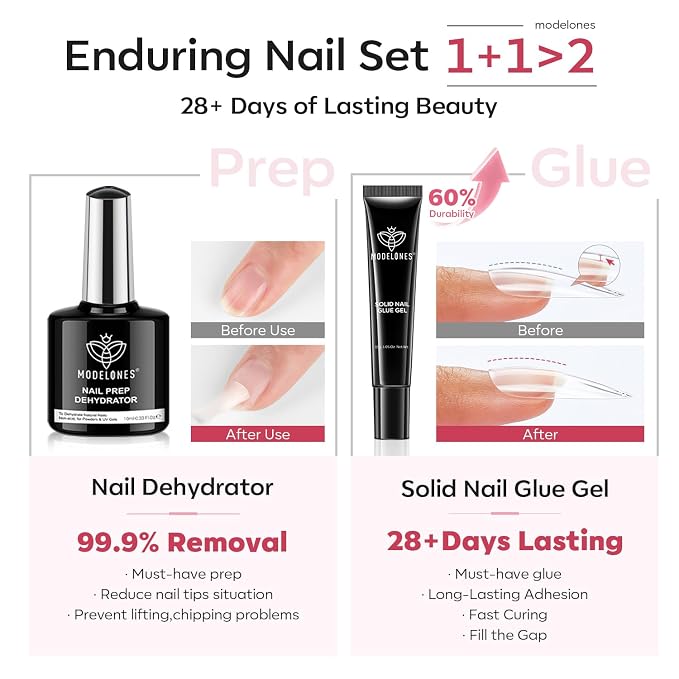 modelones X Nail Gel Kit , Solid Glue Prep Dehydrator UV Light Clipper | 510Pcs Nail Tips Almond Upgrade 15Sizes Medium Almond Press on Tips Etch for Easy Extension DIY Women Gift