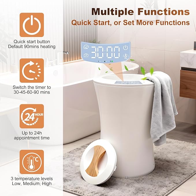 Large Towel Warmer Bucket, Heated Towel Bucket with 3 Heat Modes & 24H Timer, Auto Shut Off, Fits Oversized Towels, Bathrobes, Blankets for Bathroom Spa