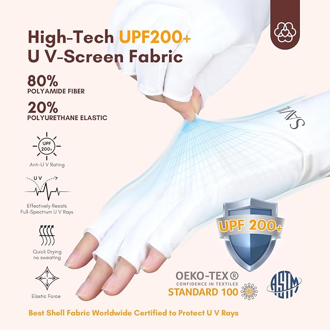 SAVILAND UPF200+ UV Gloves for Gel Manicures One Size Fit Most White | Sun & UV Protection Anti UVA & UVB 999+, Fingerless Gloves, UV Light Gloves Prevent Hands from UV Harm