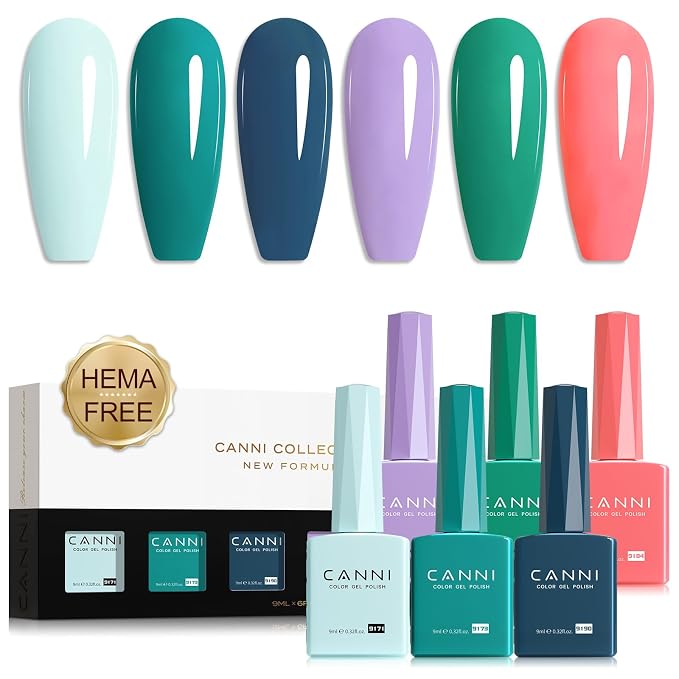 CANNI 9ML Gel Nail Polish Set, 6 Blue Green Shades UV LED Soak Off Gel | Smooth Application • Highly Pigmented • Glossy Finish • Long-Lasting Wear • Nail Art • Salon DIY Manicure • Easy Application