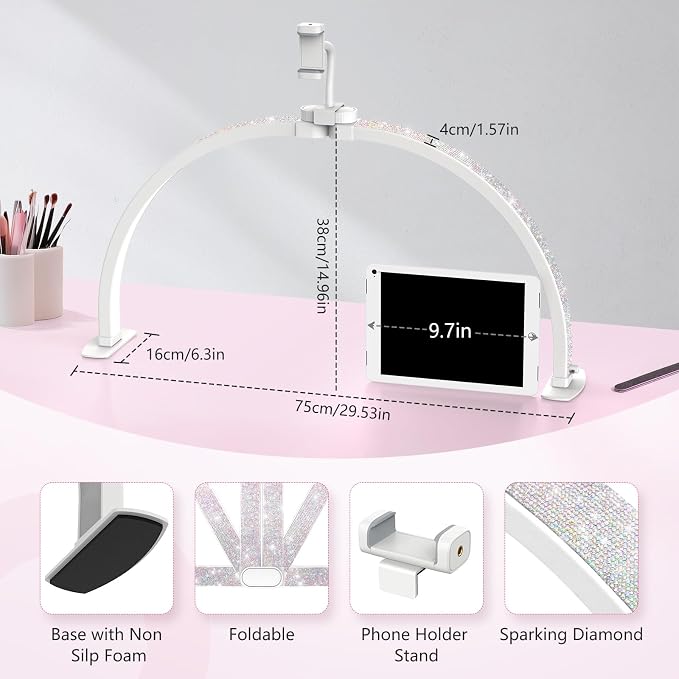 Yokilly Half Moon Light for Nail Desk: 29" Foldable Nail Light for Desk | AB Diamonds Arch Nail Tech Light with Phone Holder for Beginner - 3 Color Modes & 10 Brightness for Manicure Salon