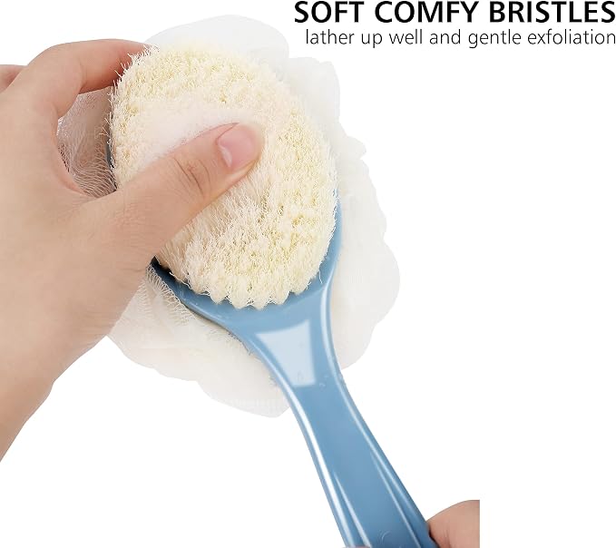 Shower Body Brush with Bristles and Loofah,Back Scrubber Bath Mesh Sponge with Curved Long Handle for Skin Exfoliating Bath, Massage Bristles Suitable for Wet or Dry, Men and Women (Grey)
