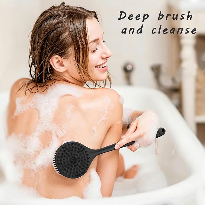 Silicone Back Scrubber for Shower, 17in Lengthen Long Handle Body Brush, Double Sided Shower Brush for Shower Exfoliating and Massage,Includes 2 Hooks (Black)