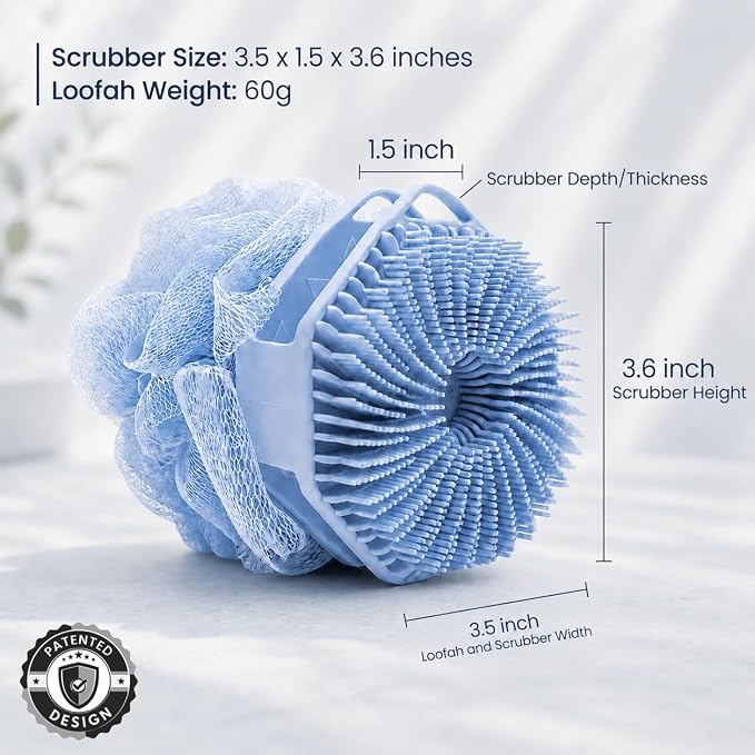 2-in-1 Silicone Body Scrubber & Mesh Loofah Sponge – Exfoliating Silicone Shower Scrubber with Soft Loofa Puff, Bristles, Non-Slip Grip, Quick Dry, Hygienic Body Scrubber for Women & Men