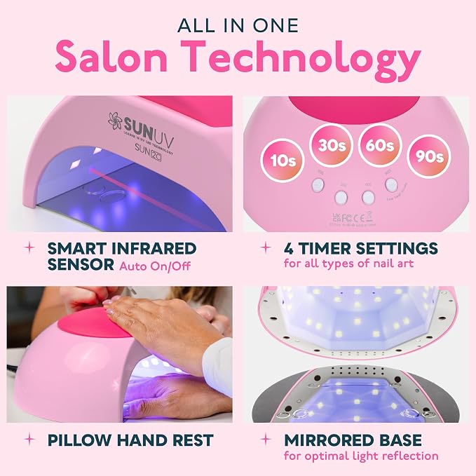 SUNUV UV LED Nail Lamp, Nail Light for Gel Polish, Auto Sensor SUN2C Pink | 4 Timer Settings, 33 LEDs, Fast Curing Lamp, Removable Base, Compatible with All Gel Polish, Home & Salon Use