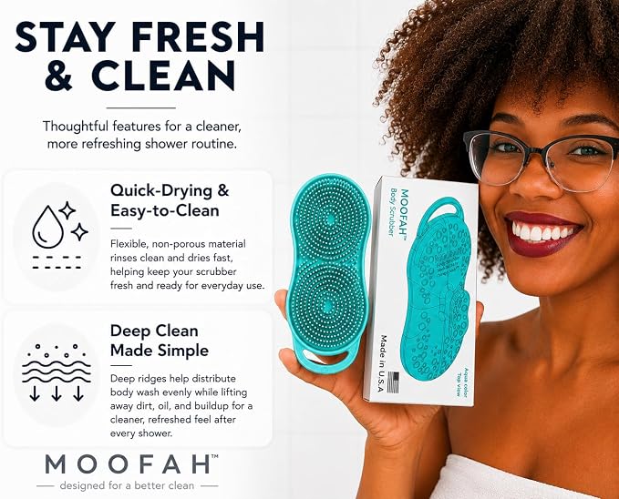 MOOFAH™ Body Scrubber- Deep Cleansing, Gentle Exfoliation for Smoother Skin, Soft-Touch Bristles, Made in USA by Chicago Comb, Easy Rinse, Quick-Dry (Aqua)