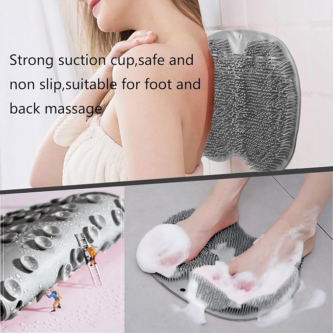 Shower Foot and Back Scrubber Mat,Wall Mounted Shower Foot Scrubber with Suction Cups,Exfoliating Silicone Massage Foot Cleaner for Shower(Grey&Blue)
