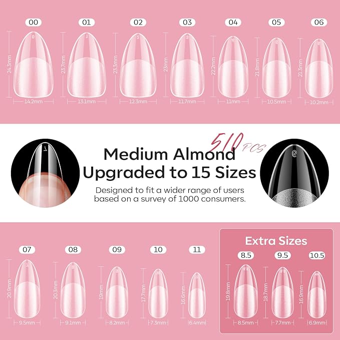 modelones X Nail Gel Kit , Solid Glue Prep Dehydrator UV Light Clipper | 510Pcs Nail Tips Almond Upgrade 15Sizes Medium Almond Press on Tips Etch for Easy Extension DIY Women Gift