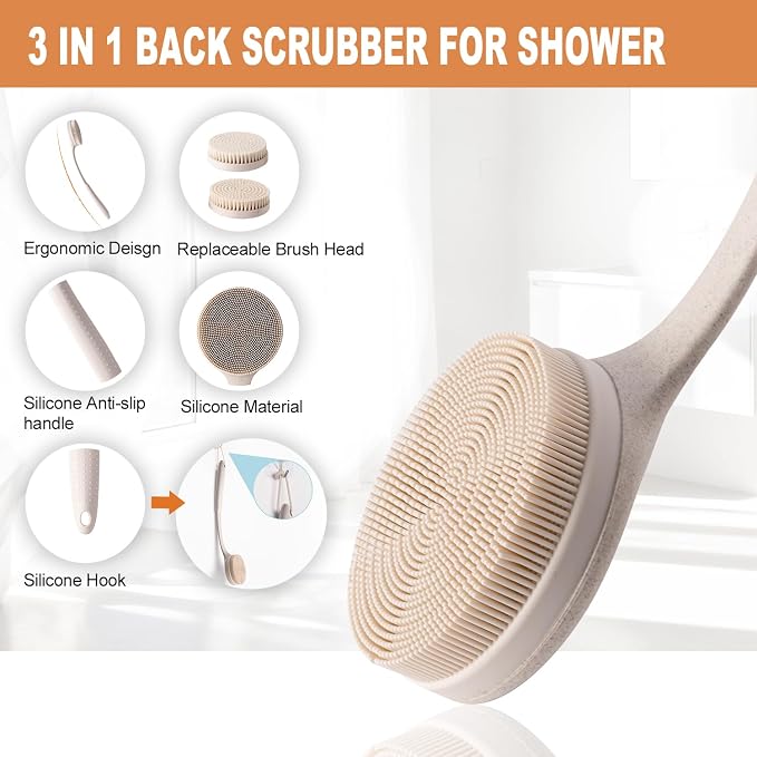 Long Handle Back Scrubber for Shower with 3 Interchangeable Heads-Beige | Ergonomic Handle,Silicone Grip,Gift Box,Use for Back and Full Body,Cleansing and Exfoliating,Made from Wheat Straw
