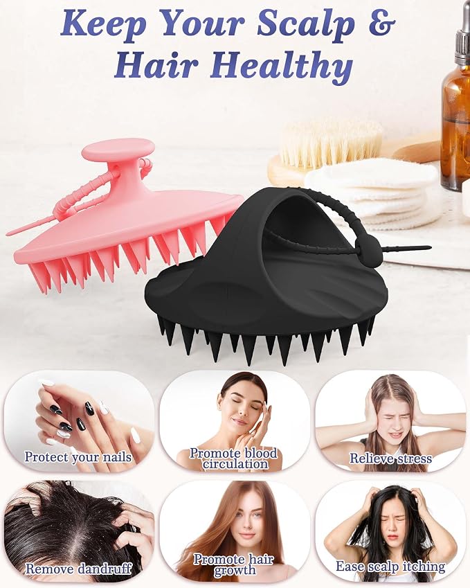 Manmihealth Large Hair Scalp Scrubber, One-piece Silicone Scalp Massager | Long Bristles Shampoo Brush for Dandruff Removal and Hair Growth with Hang Strap, Wet Dry Use (Pink+Black)