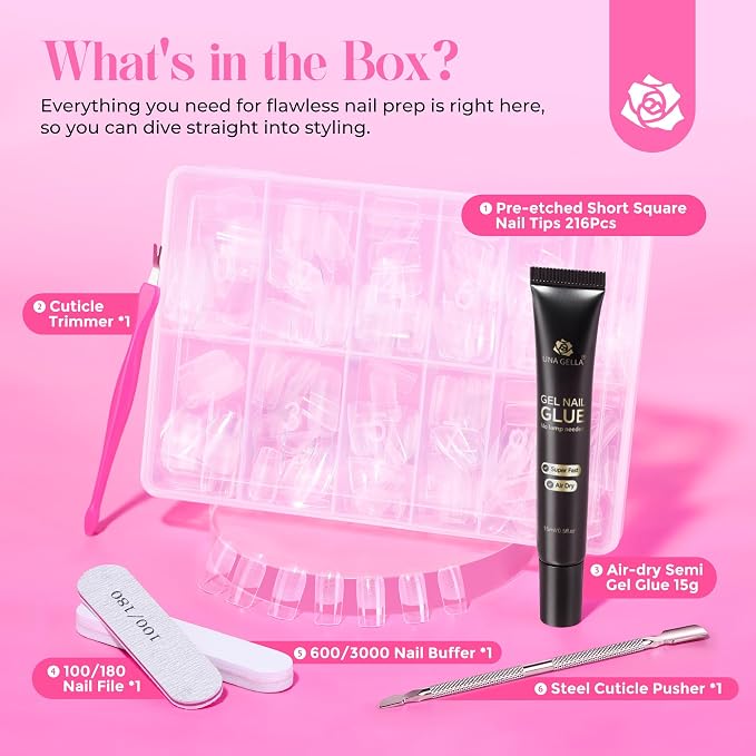 UNA GELLA Gel Nail Kit Short Square Nail Tips 216Pcs, Strong Glue Air Dry | Pre-etched Soft Gel Nail Tips Full Cover Semi Solid Nail Glue for Press on Nails No U V Lamp Needed Manicure Tools DIY Home