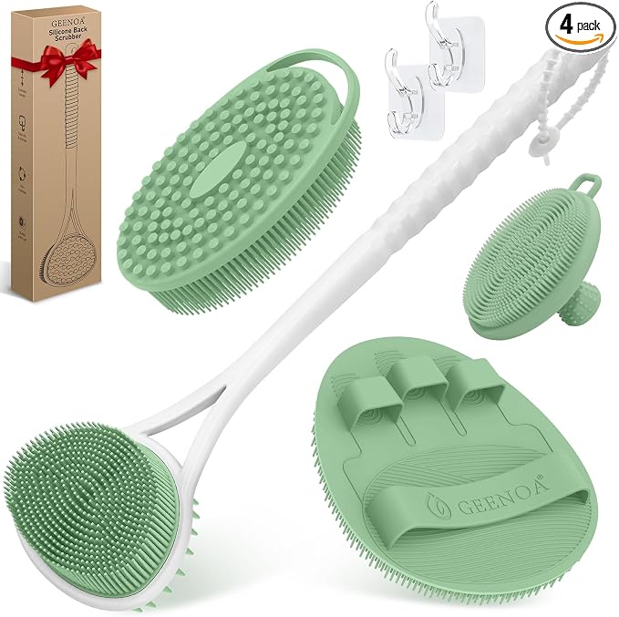 Silicone Back Body Face Scrubbers Set 4PCS, 15.35’’ Back Scrubber Soft Body Scrubber for Dual-Side Usage, Easy-to-Hold Soft Bath Glove & Face Scrubber for Good Foaming Deep Cleaning(Green)