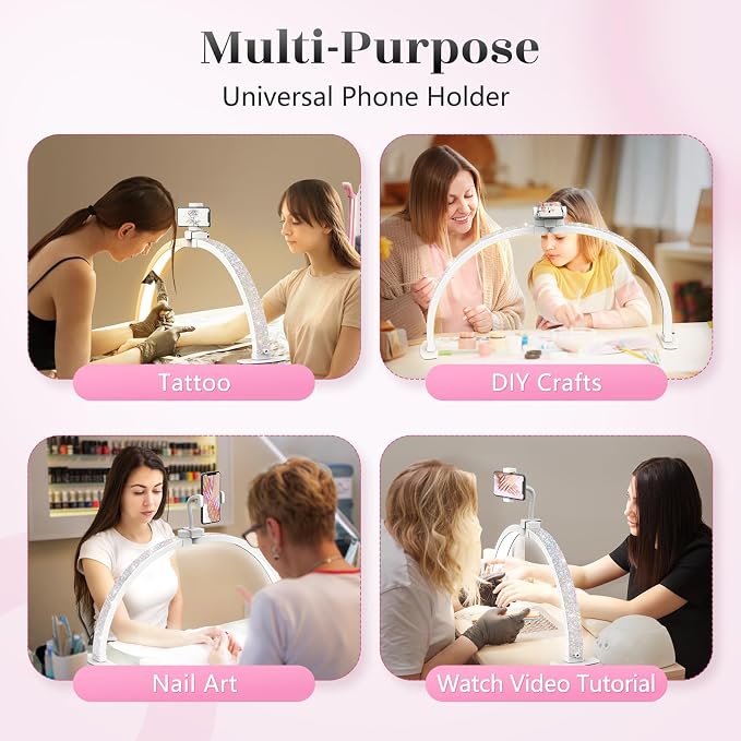 Yokilly Half Moon Light for Nail Desk: 23" Foldable Nail Light for Desk | AB Diamonds Arch Nail Tech Light with Phone Holder for Beginner - 3 Color Modes & 10 Brightness for Manicure Salon-White