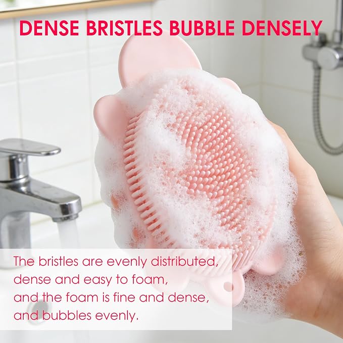 Baby Shower Brush,Kids Silicone Body and Back Exfoliating Mitt - Soft Bristles, Gentle Exfoliation, Cute Turtle Design Makes Children Love Bathing(Pink)