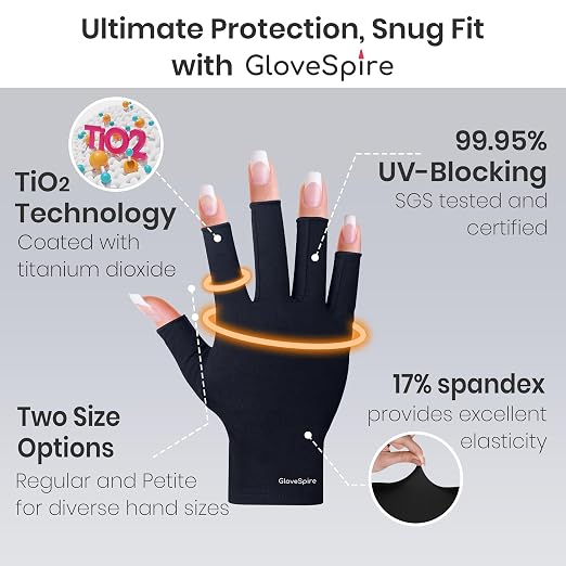 Thickened UPF50+ UV Gloves for Nails, One Size, White | Fingerless, Sun & UV Protection, Thickened Stretch Fabric, 2 Sizes for a Better Fit, Included Storage Pouch, Home & Salon Use