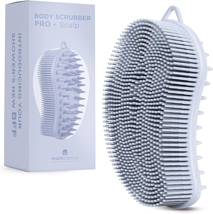 MainBasics Silicone Body Scrubber Dual-Sided, Frosted Sky, Scalp | Shower Scrubber and Scalp Massager, Gentle Silicone Loofah Alternative for Deep Clean