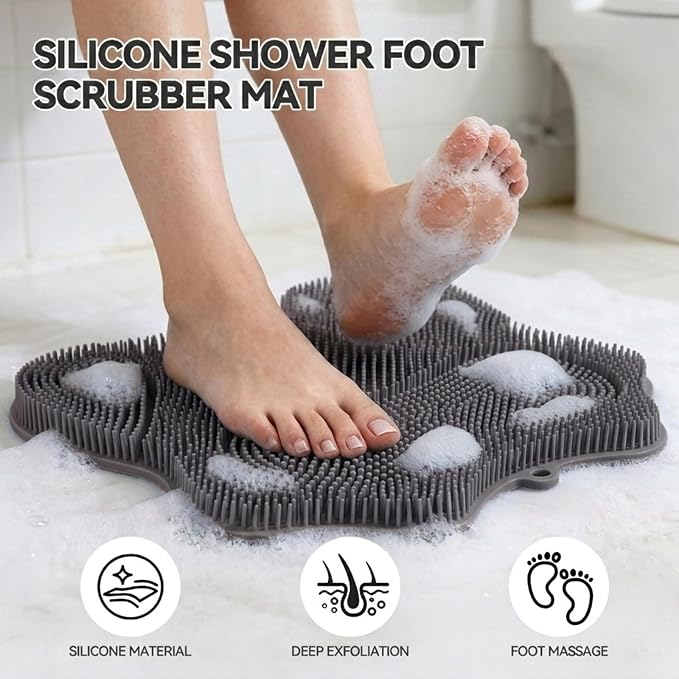 ozner Silicone Shower Foot Scrubber Mat, Back Washer Bath Wash Pad Exfoliating & Massage, Wall Mounted Slip Strong Suction Cups for Use in Cleaner Men and Women (Grey)
