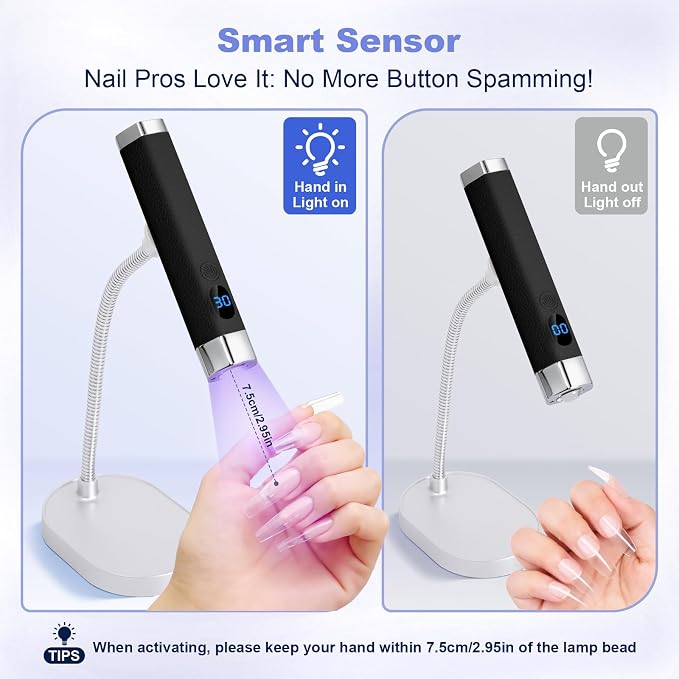 Mini Nail Lamp for Gel Nails with AI Sensor & Magnetic Stand,Rechargeable | Handheld or Hands-free,Flash Cure Nail Lamp for Gel X & Press on Nails,Gooseneck UV Light with LCD Display & 2 Timers (Black)