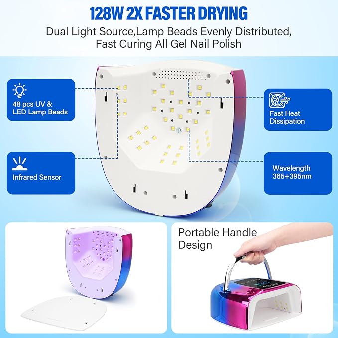 UV LED Nail Lamp Cordless,128W Portable Rechargeable UV Light for Gel Nails, Professional Gel Light Dryer with 3Timers Auto Sensor Nail Machine Curing Lamp for Salon & Home