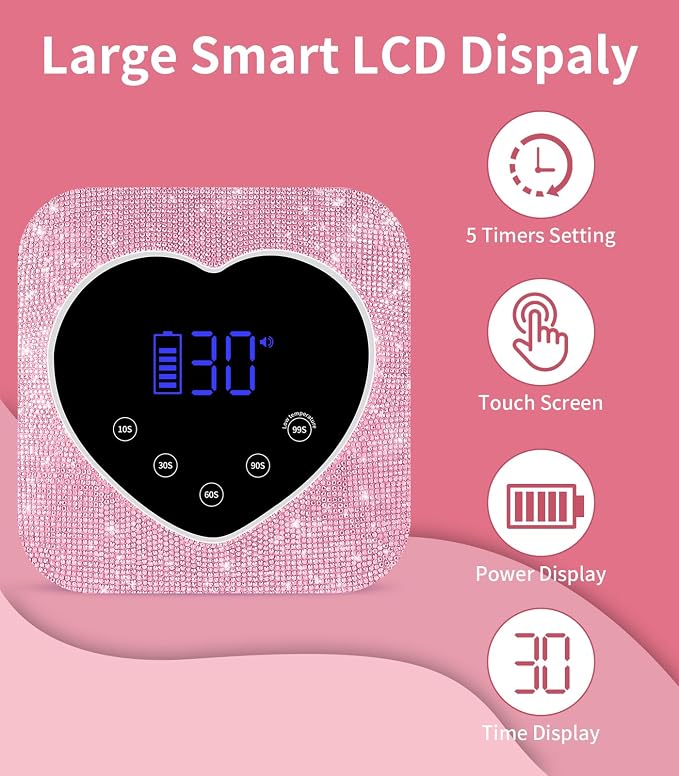 HUGMAPLE UV Light for Nails, 72W Cordless Rechargeable UV Nail Lamp | Fast Curing，Appearance of Pink Diamonds,with 5 Timer Setting, Touch Control & Auto Sensor,for All gel polish for Salon & Home