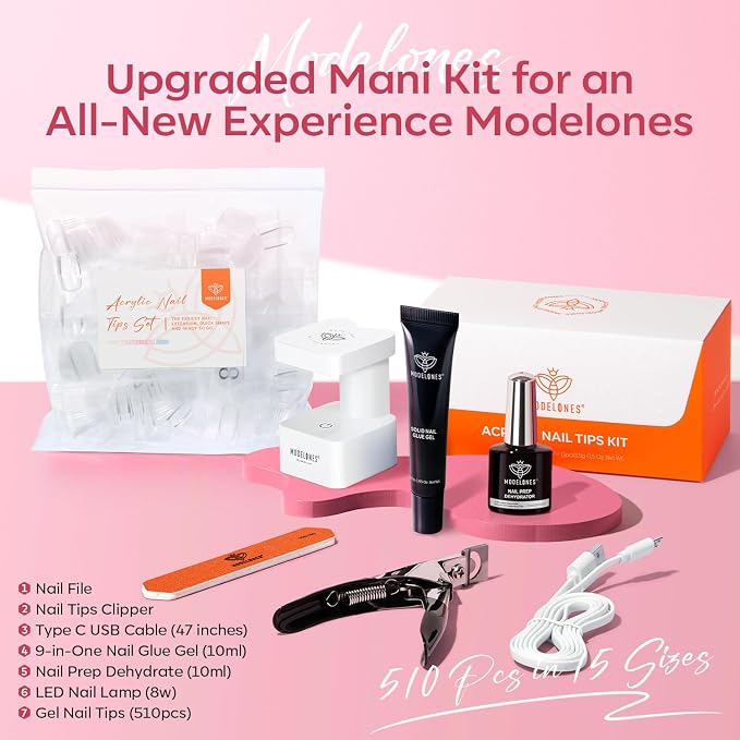 modelones X Nail Gel Kit , Solid Glue Prep Dehydrator UV Light Clipper | 510Pcs Nail Tips Almond Upgrade 15Sizes Medium Almond Press on Tips Etch for Easy Extension DIY Women Gift