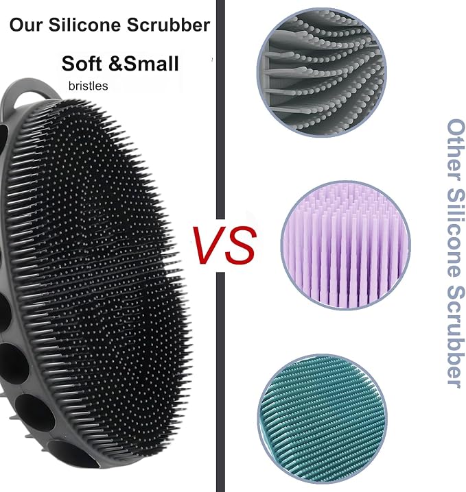 Silicone Body Scrubber with Double-Sided Bristles, Deep Cleaning Massage Brush, Black, Flexible Design with Hanger Loop for Exfoliating and Scalp Care (Black)