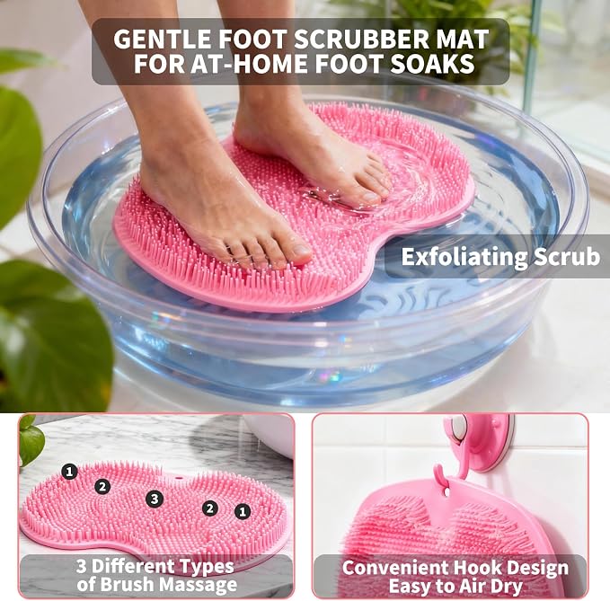 Shower Foot Scrubber Mat with 3 Types of Upgraded Brushes for Massage, Shower Back Scrubber with Micro Suction Cups,Back Washer Exfoliating Bath,Shower Scrubber for Body at Home Spa(Pink)