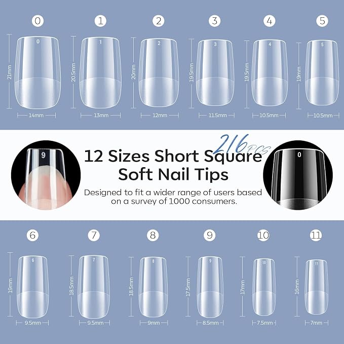 Modelones Square Nail Tips Short Clear Soft Gel Fake Press On Nails Tip | Fake Nails False Acrylic Clear Full Cover Press on Extension Gel Kit Manicure DIY at Home 216PCS 12Sizes
