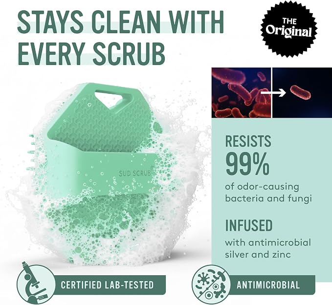 Sud Scrub® Antimicrobial Silicone Body Scrubber, Exfoliating Body Brush for Sensitive Skin, Antibacterial Shower Scrubber for Body, Bathroom Essentials for Men & Women, Mint