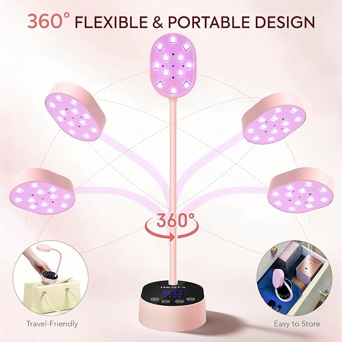 UV LED Nail Lamp, Gooseneck Gel X Mini Flash Cure Lamp, 36W Cordless Portable USB Rechargeable Nail Dryer with Auto Sensor, 4 Timers & LCD Display for DIY Home Manicure (Pink)