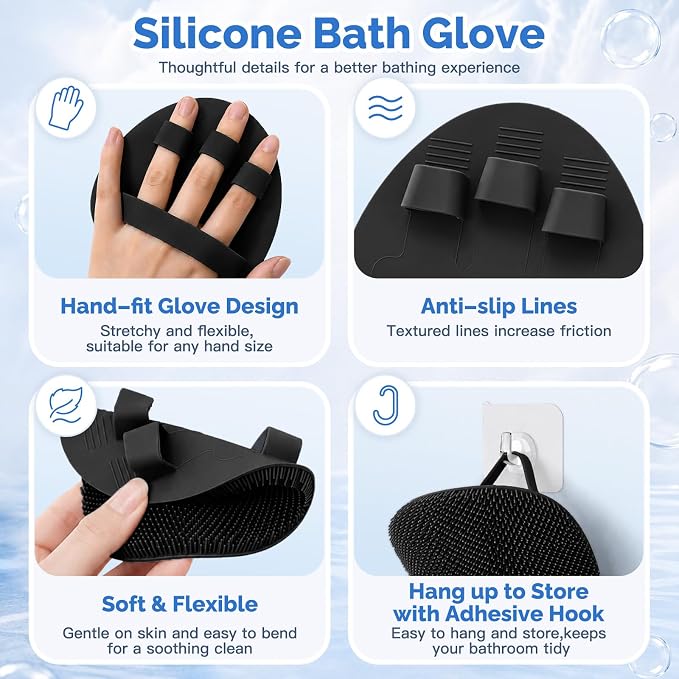 Manmihealth Silicone Back Scrubber & Soft Shower Brushes Set 2PCS Black | Silicone Body Scrubber with Thin Dense Bristles & Bath Glove Brush Combination, Super Lathering & Exfoliating