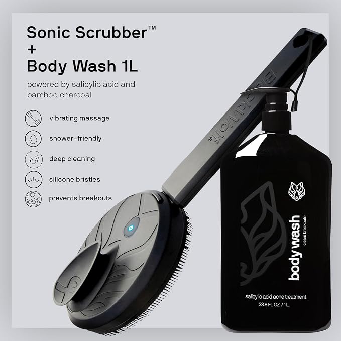 Black Wolf Vibrating Face & Sonic Body Scrubber & Charcoal Powder Body Wash for Men Bundle