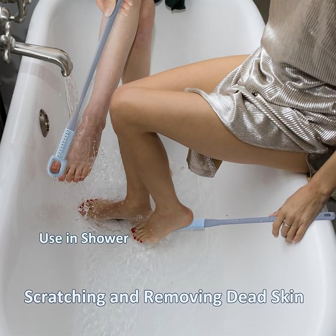 Foot Scrubber for Shower - 2 Pack Long Handle Toe Cleaning Brush with Replaceable Silicone Toe Scrubber Head for Seniors, Elderly, Disabled Men and Women - Blue